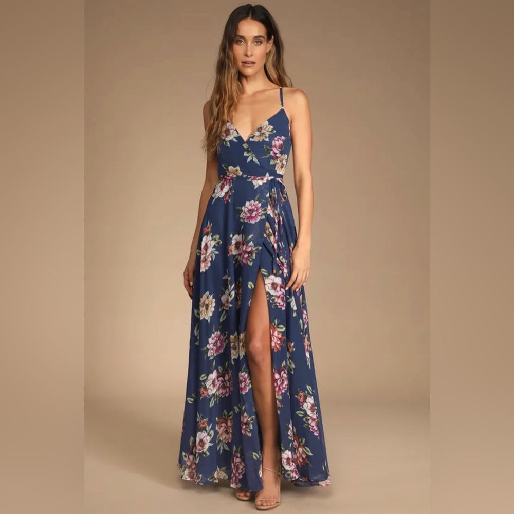 Lulu’s Always There For Me Navy Blue Floral Print Wrap Maxi Dress, Size M